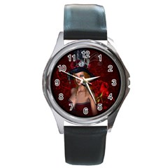 Beautiful Fantasy Women With Floral Elements Round Metal Watch by FantasyWorld7