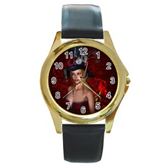 Beautiful Fantasy Women With Floral Elements Round Gold Metal Watch