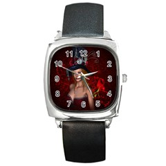 Beautiful Fantasy Women With Floral Elements Square Metal Watch