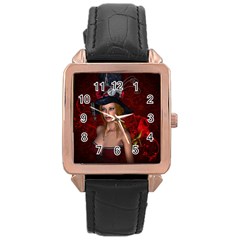 Beautiful Fantasy Women With Floral Elements Rose Gold Leather Watch 