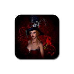 Beautiful Fantasy Women With Floral Elements Rubber Coaster (Square) 