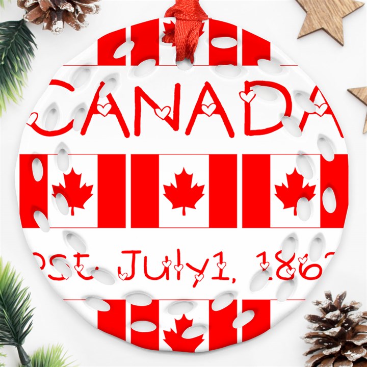 Canada Day Maple Leaf Canadian Flag Pattern Typography  Round Filigree Ornament (Two Sides)