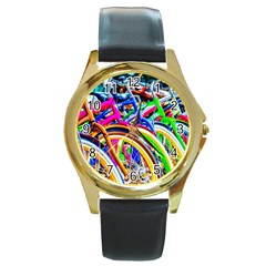 Colorful Bicycles In A Row Round Gold Metal Watch by FunnyCow