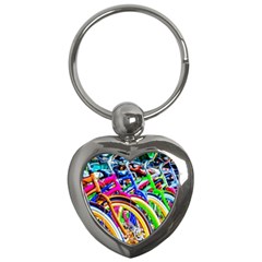 Colorful Bicycles In A Row Key Chains (heart)  by FunnyCow