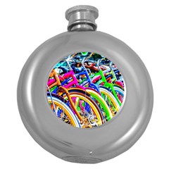 Colorful Bicycles In A Row Round Hip Flask (5 Oz) by FunnyCow