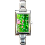 Green Birch Leaves, Pink Flowers Rectangle Italian Charm Watch Front