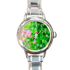 Green Birch Leaves, Pink Flowers Round Italian Charm Watch