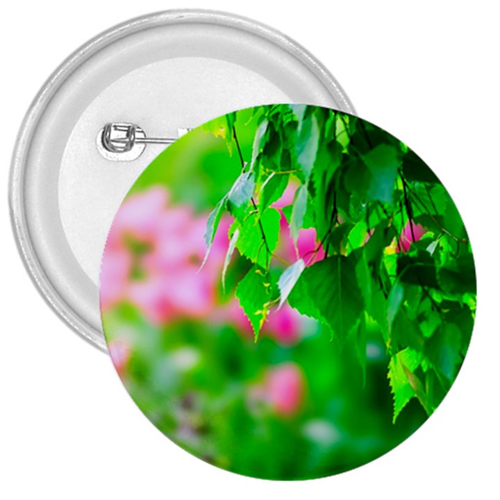 Green Birch Leaves, Pink Flowers 3  Buttons