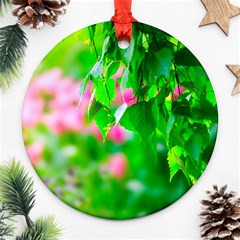 Green Birch Leaves, Pink Flowers Ornament (Round)