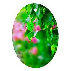 Green Birch Leaves, Pink Flowers Ornament (Oval)