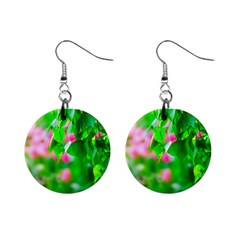 Green Birch Leaves, Pink Flowers Mini Button Earrings