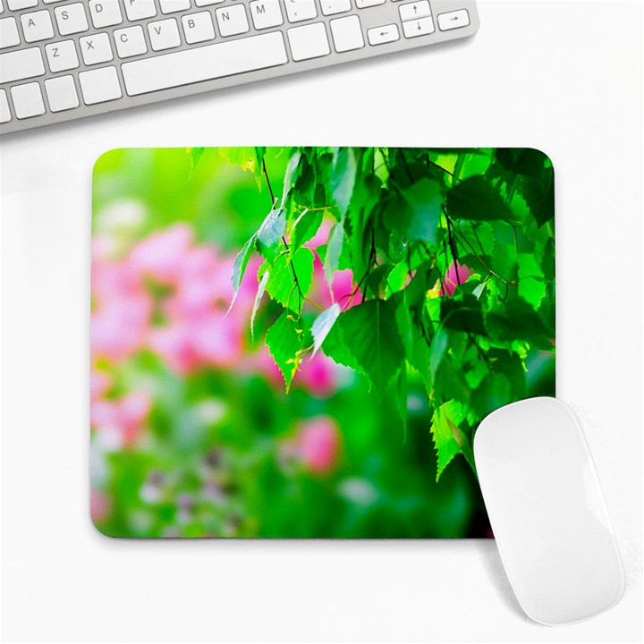 Green Birch Leaves, Pink Flowers Large Mousepads