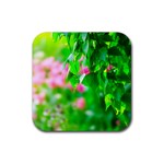 Green Birch Leaves, Pink Flowers Rubber Coaster (Square)  Front