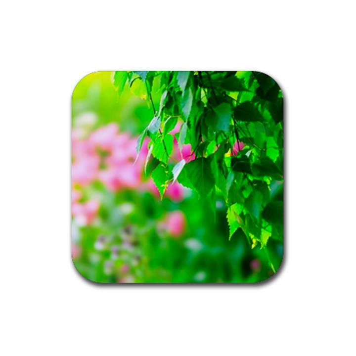 Green Birch Leaves, Pink Flowers Rubber Coaster (Square) 