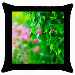 Green Birch Leaves, Pink Flowers Throw Pillow Case (black) by FunnyCow