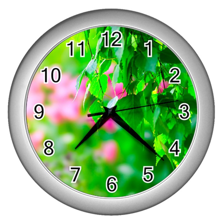 Green Birch Leaves, Pink Flowers Wall Clock (Silver)