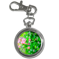 Green Birch Leaves, Pink Flowers Key Chain Watches by FunnyCow