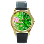 Green Birch Leaves, Pink Flowers Round Gold Metal Watch Front