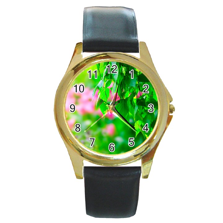 Green Birch Leaves, Pink Flowers Round Gold Metal Watch