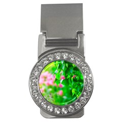 Green Birch Leaves, Pink Flowers Money Clips (CZ) 