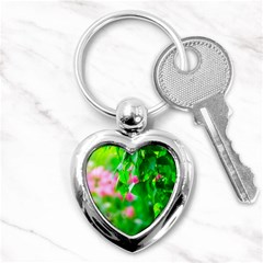 Green Birch Leaves, Pink Flowers Key Chains (heart)  by FunnyCow