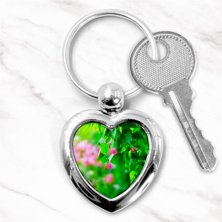 Green Birch Leaves, Pink Flowers Key Chains (Heart) 