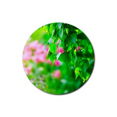 Green Birch Leaves, Pink Flowers Rubber Round Coaster (4 Pack)  by FunnyCow