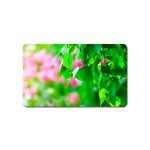 Green Birch Leaves, Pink Flowers Magnet (Name Card) Front