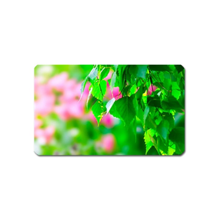 Green Birch Leaves, Pink Flowers Magnet (Name Card)