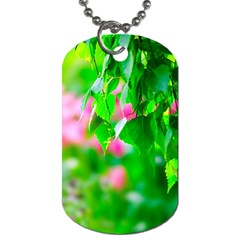 Green Birch Leaves, Pink Flowers Dog Tag (One Side)