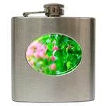 Green Birch Leaves, Pink Flowers Hip Flask (6 oz) Front