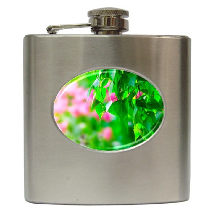 Green Birch Leaves, Pink Flowers Hip Flask (6 oz)