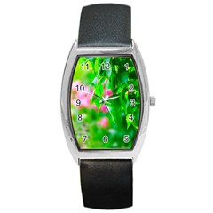 Green Birch Leaves, Pink Flowers Barrel Style Metal Watch