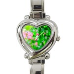 Green Birch Leaves, Pink Flowers Heart Italian Charm Watch Front