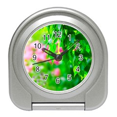 Green Birch Leaves, Pink Flowers Travel Alarm Clock by FunnyCow