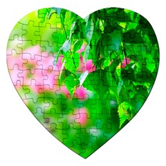 Green Birch Leaves, Pink Flowers Jigsaw Puzzle (Heart)