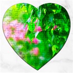 Green Birch Leaves, Pink Flowers Jigsaw Puzzle (Heart) Front