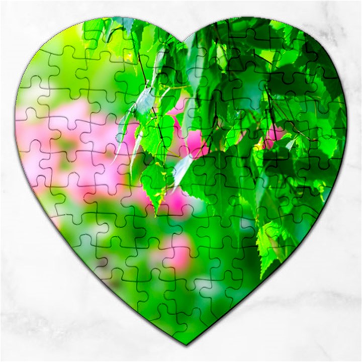 Green Birch Leaves, Pink Flowers Jigsaw Puzzle (Heart)