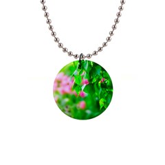 Green Birch Leaves, Pink Flowers Button Necklaces