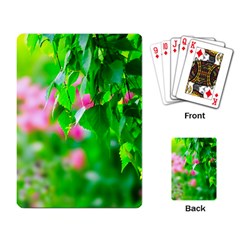 Green Birch Leaves, Pink Flowers Playing Card by FunnyCow