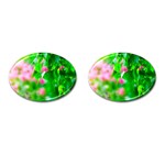 Green Birch Leaves, Pink Flowers Cufflinks (Oval) Front(Pair)