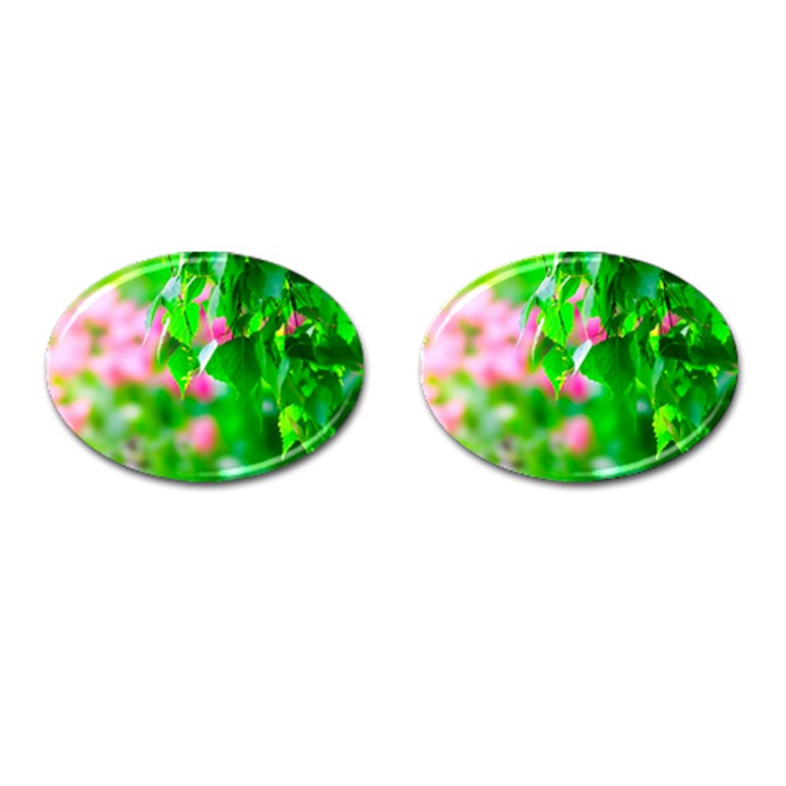 Green Birch Leaves, Pink Flowers Cufflinks (Oval)