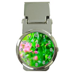 Green Birch Leaves, Pink Flowers Money Clip Watches