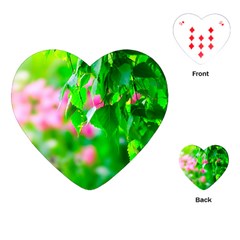 Green Birch Leaves, Pink Flowers Playing Cards (Heart) 