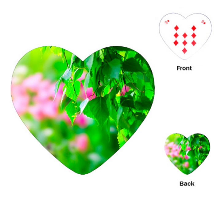 Green Birch Leaves, Pink Flowers Playing Cards (Heart) 