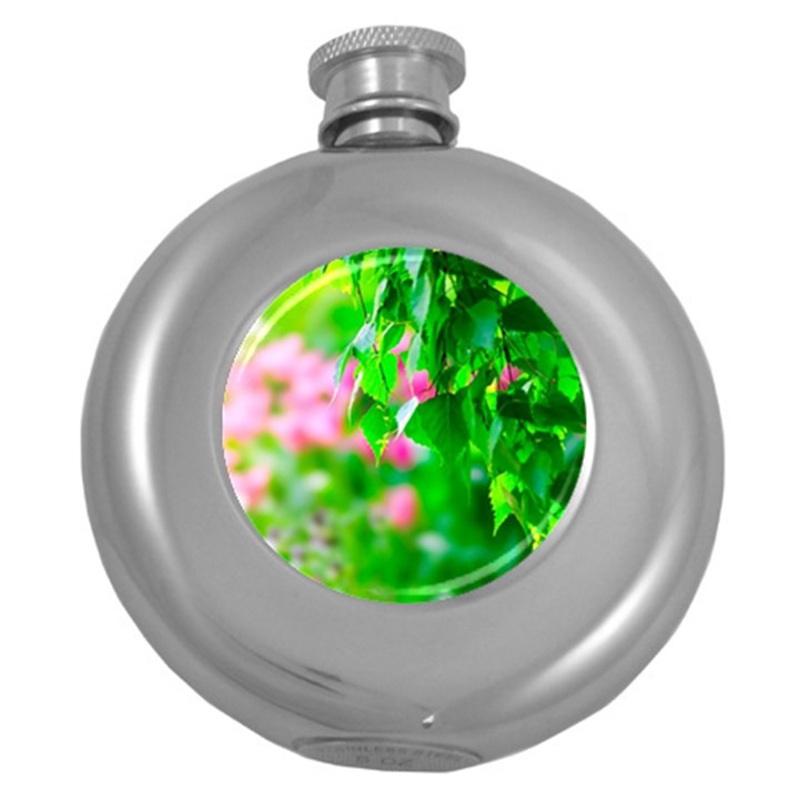 Green Birch Leaves, Pink Flowers Round Hip Flask (5 oz)