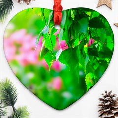 Green Birch Leaves, Pink Flowers Heart Ornament (two Sides) by FunnyCow