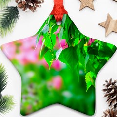 Green Birch Leaves, Pink Flowers Star Ornament (two Sides) by FunnyCow