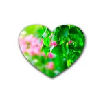 Green Birch Leaves, Pink Flowers Rubber Coaster (Heart)  Front