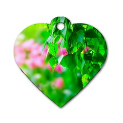 Green Birch Leaves, Pink Flowers Dog Tag Heart (one Side) by FunnyCow